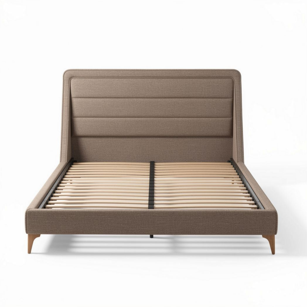 Fabric upholstered bed frame with wooden slat support in brown 200 x 150 x 100cm