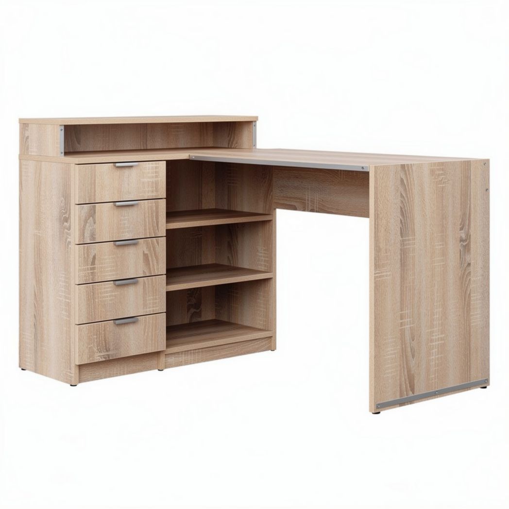 Wooden desk with storage shelves and drawers in natural finish 120 x 60 x 75cm