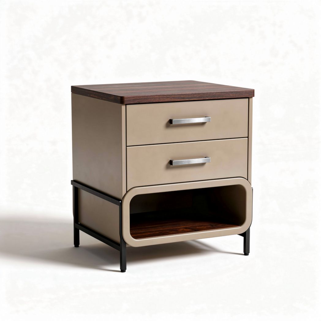 Nightstand with two drawers and open shelf in beige and dark wood finish 50 x 40 x 60cm