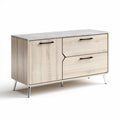 Wooden storage cabinet with two drawers and two doors in light oak finish