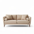 Beige upholstered sofa with decorative pillows and wooden legs 200 x 90 x 85cm