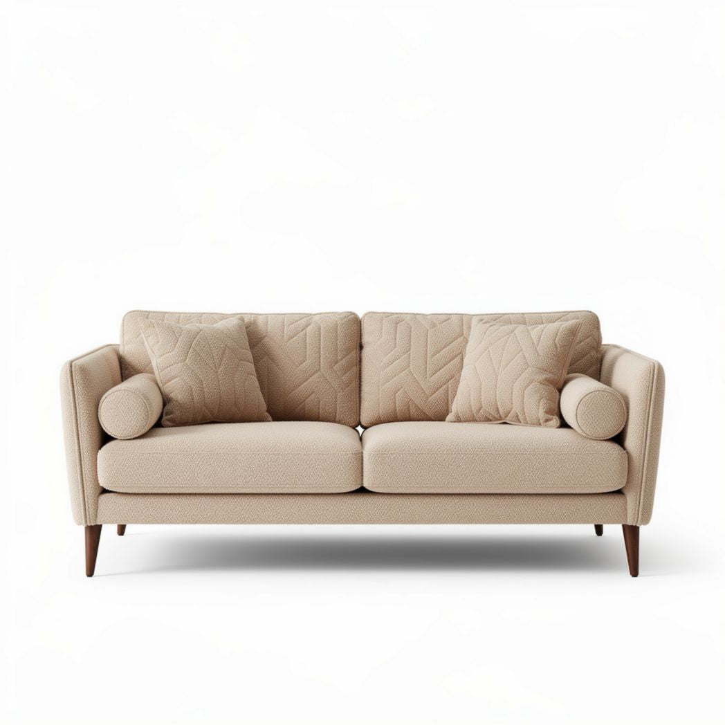 Beige upholstered sofa with decorative pillows and wooden legs 200 x 90 x 85cm
