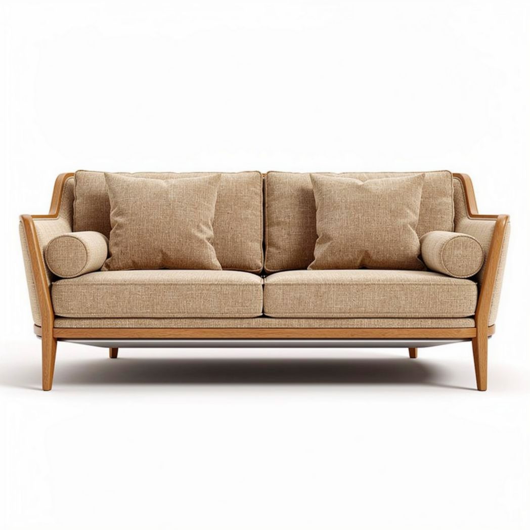 Contemporary beige fabric sofa with wooden frame and removable cushions