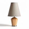 Wooden geometric lamp with herringbone fabric shade 25 x 25 x 45cm