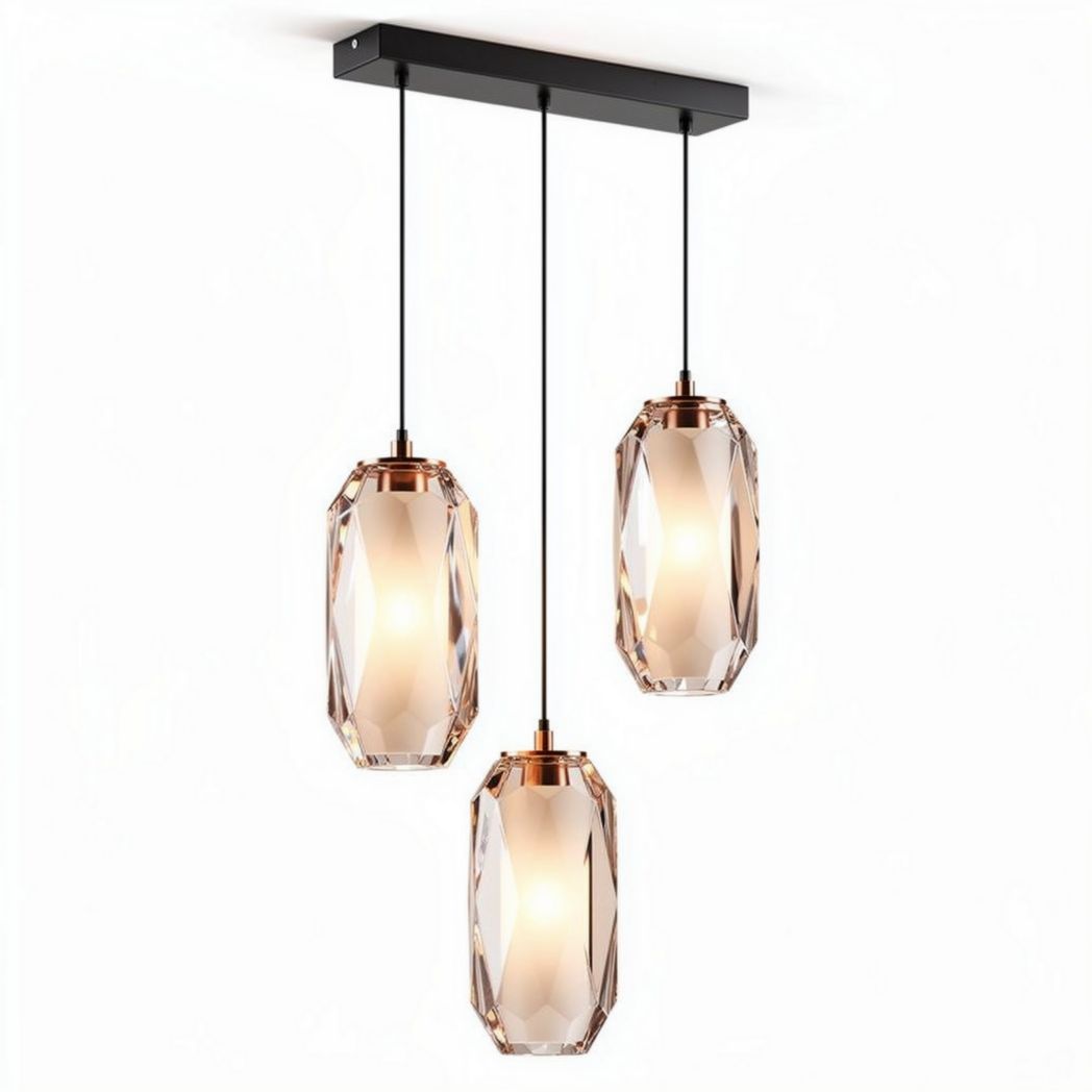 Three-light crystal pendant lamp with copper finish and black metal base