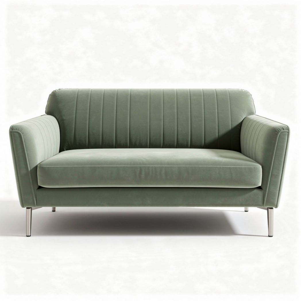Green velvet loveseat with vertical stitching and metal legs 150 x 80 x 75cm