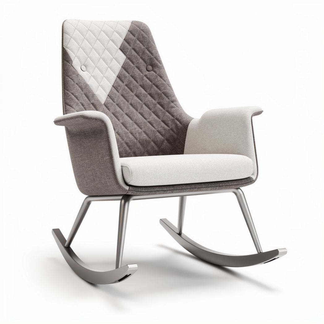 Rocking chair with quilted fabric upholstery and metal base in grey and white 80 x 70 x 100cm