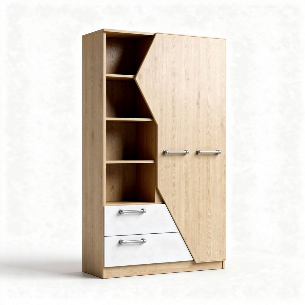Wooden storage cabinet with shelves and drawers 180 x 90 x 40cm in light oak finish